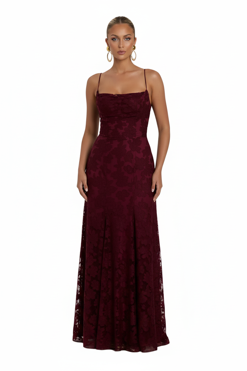 New The Harrington Sisters burgundy red embossed floral formal/ball dress, size 12