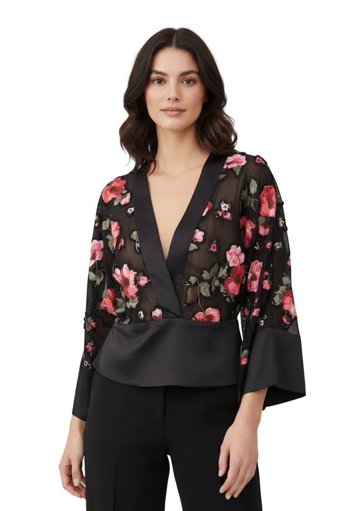 Trelise Cooper black red floral top, size 10