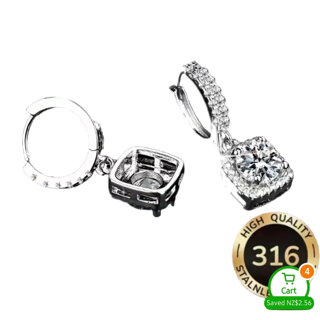 NEW Silver plated stainless steel CZ square drop earrings
