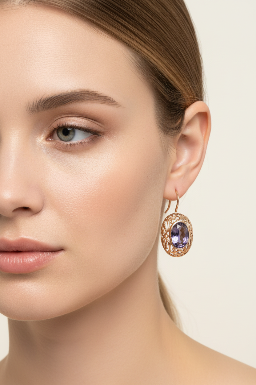 Sim amethyst gold plated  earrings, 3.3 x 1.3cm