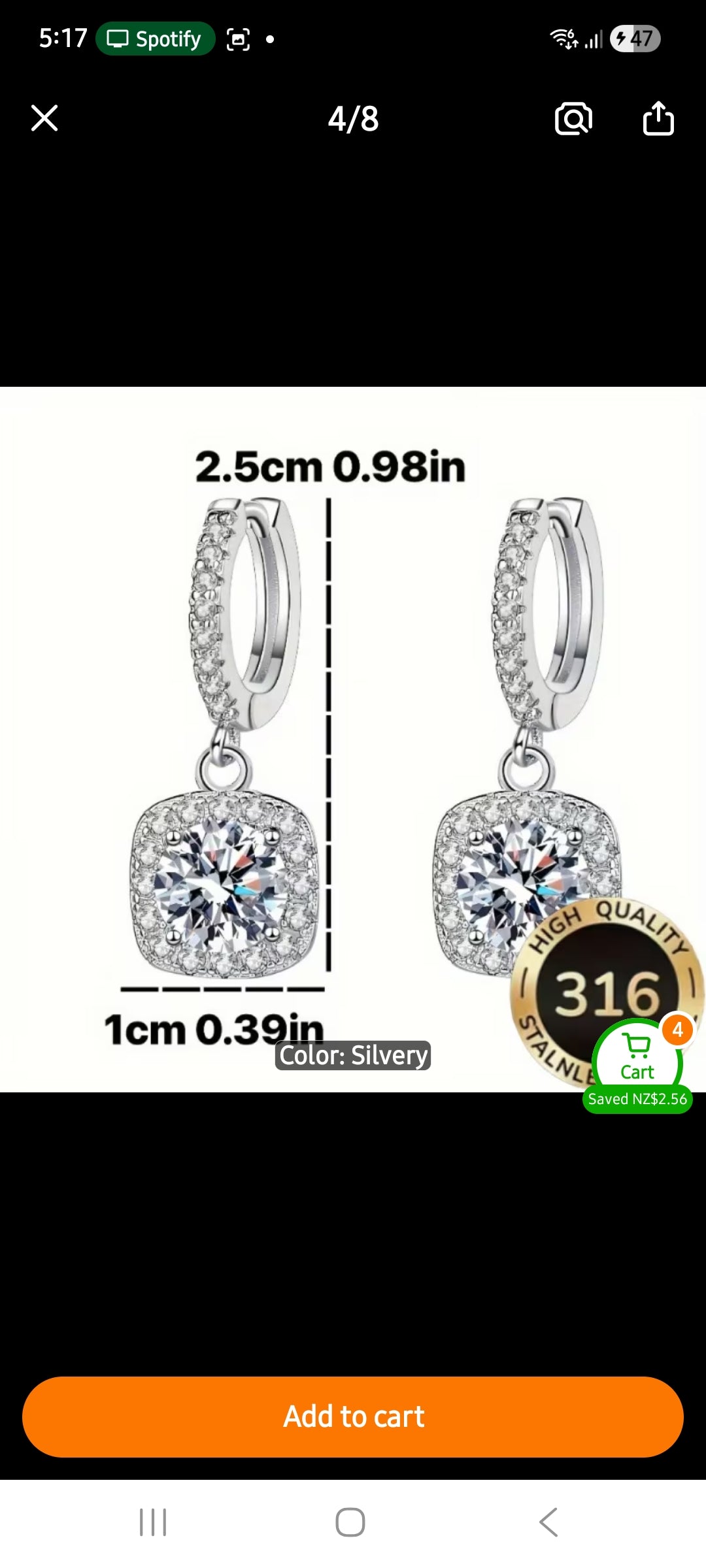 NEW Silver plated stainless steel CZ square drop earrings