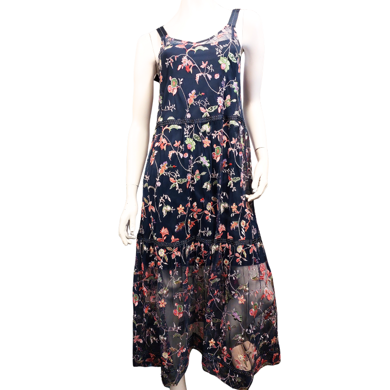 Loobies Story navy embroidered floral dress, size 10-12-Hire