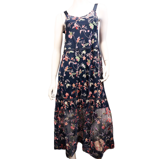 Loobies Story navy embroidered floral dress, size 10-12-Hire