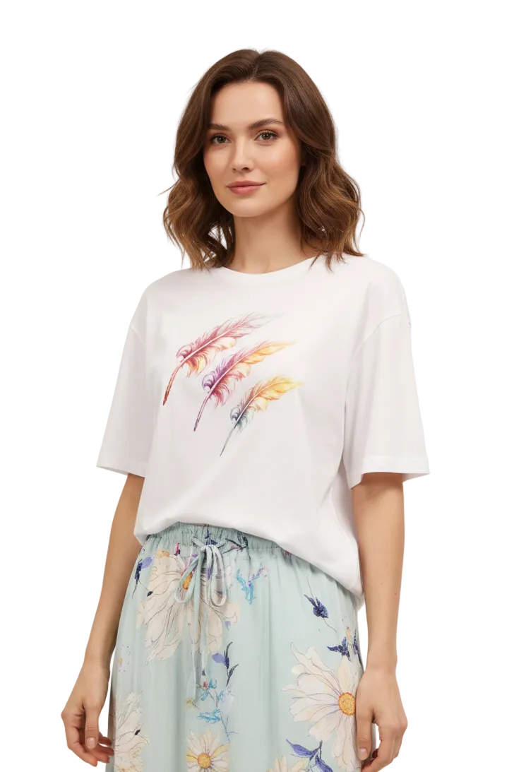 New white cotton feather T / top, size S 10/12