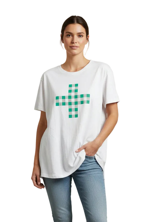 STELLA + GEMMA white/ green cross T, size 14- NEW