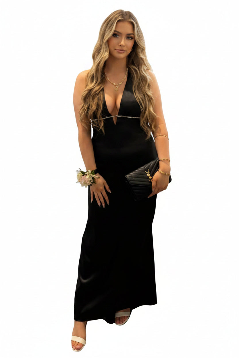 CATHERINE black satin/ silver diamante formal / ball dress, size 10-12