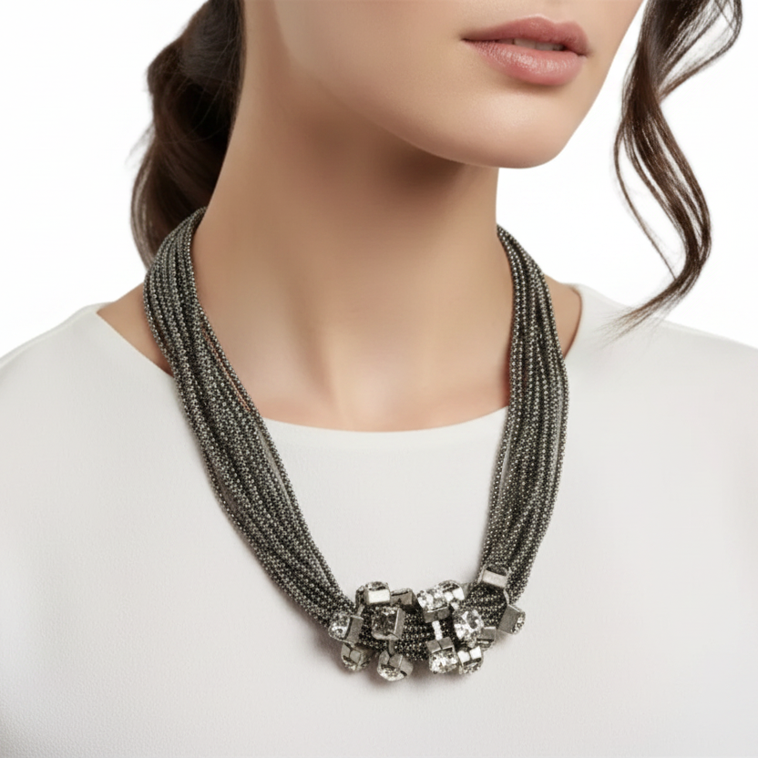 Statement silver chain cz rings necklace