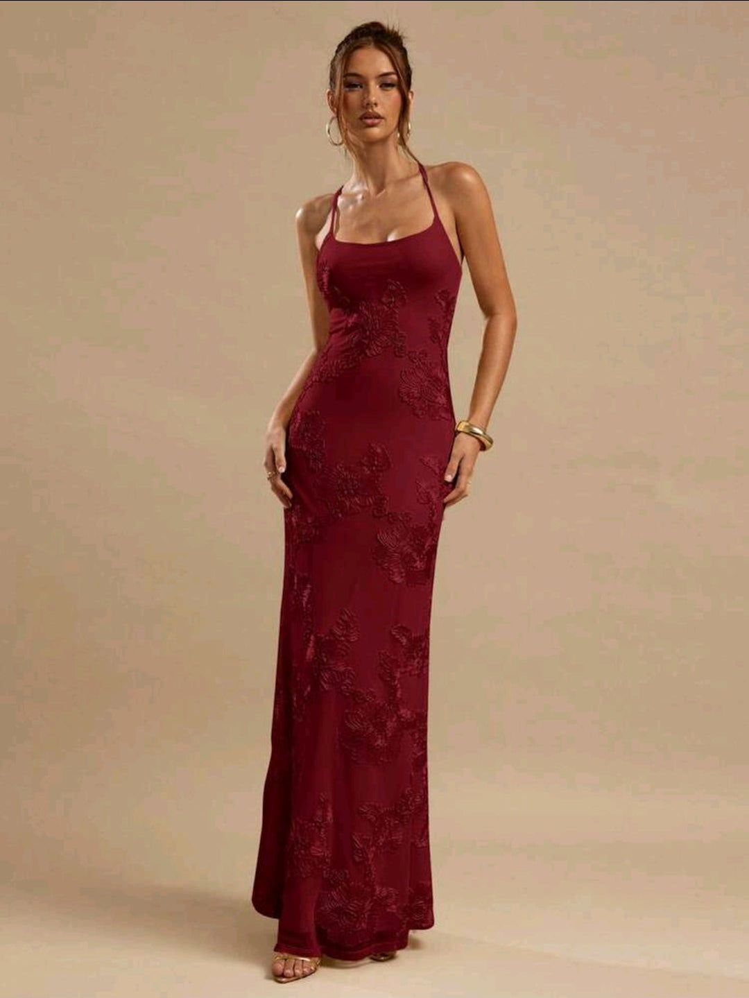 New Burgundy embroidered flowers formal/party dress, size 6-8