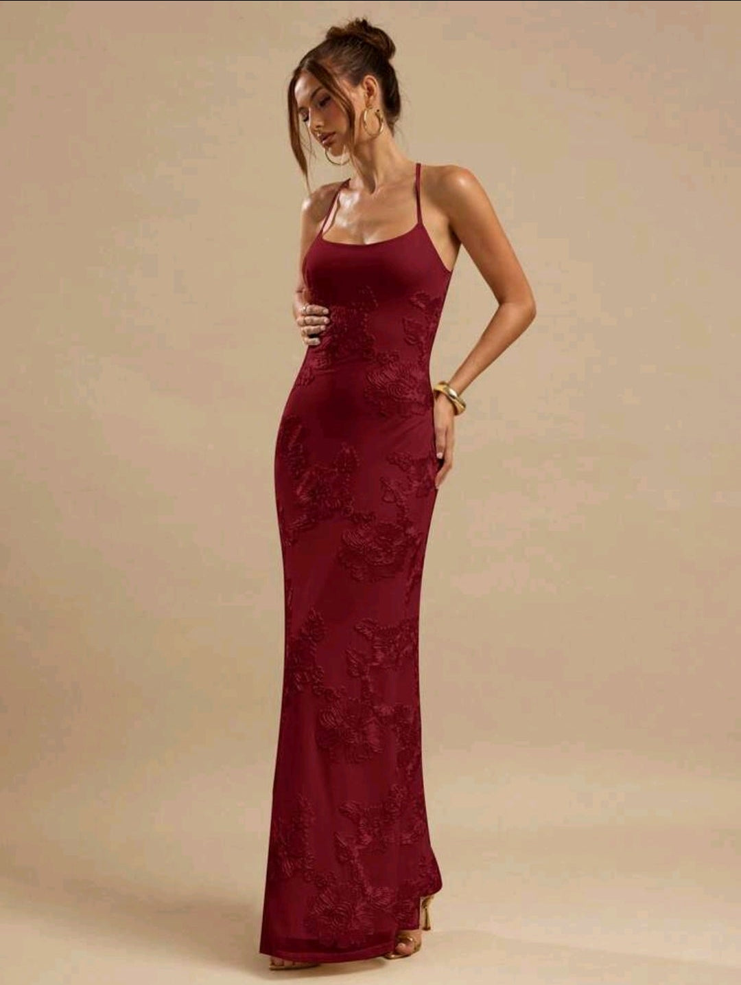 New Burgundy embroidered flowers formal/party dress, size 6-8