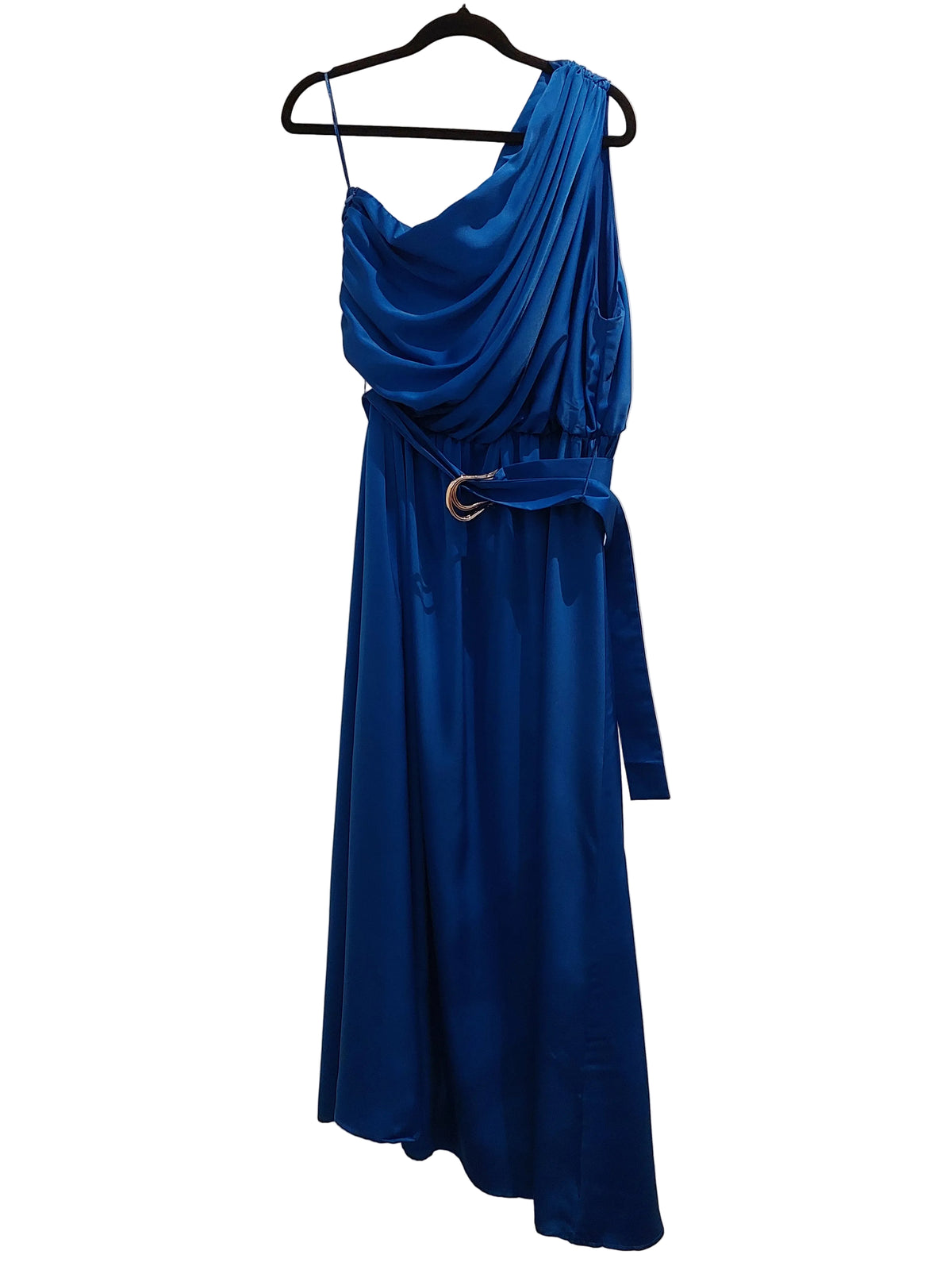 YH & Co blue one shoulder silky formal/ball dress, size 12-14, retail $119