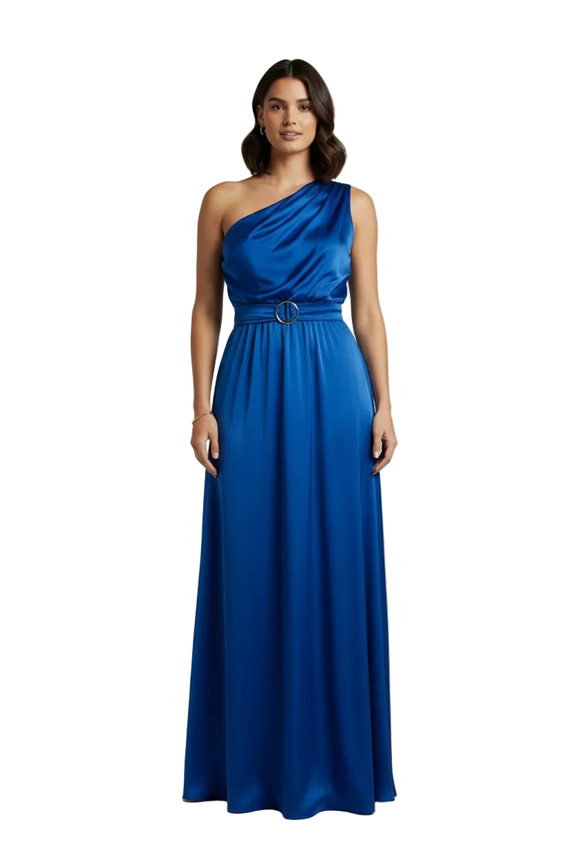 YH & Co blue one shoulder silky formal/ball dress, size 12-14, retail $119