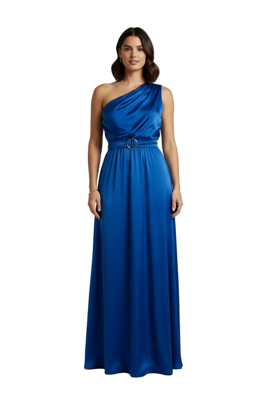 YH & Co blue one shoulder silky formal/ball dress, size 12-14, retail $119