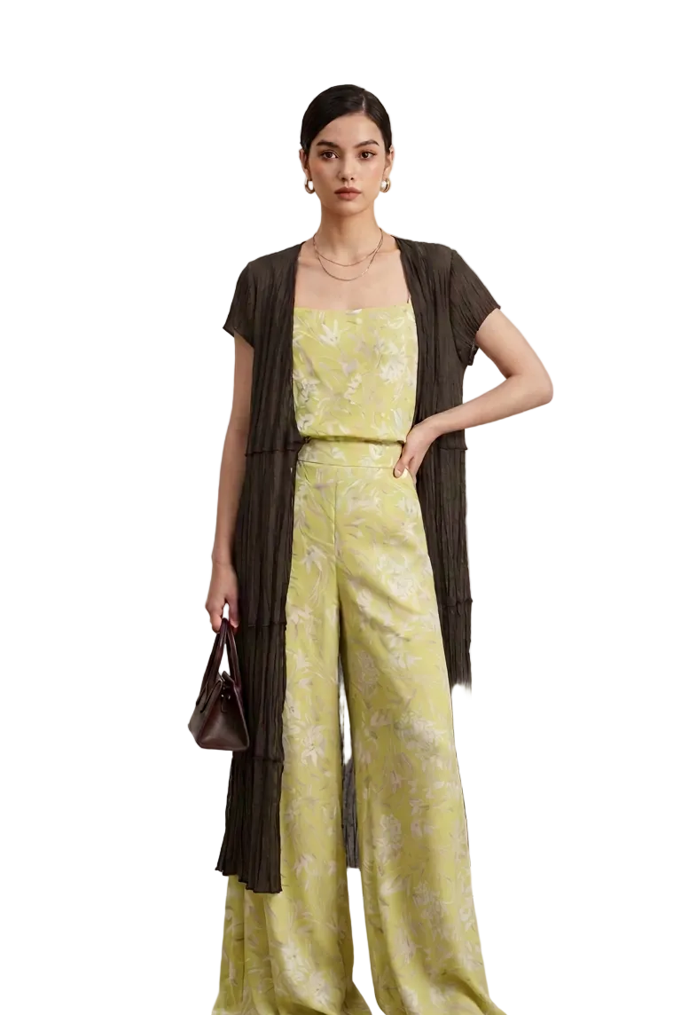 Lime green top & wide leg satin silky pants suit, size 10