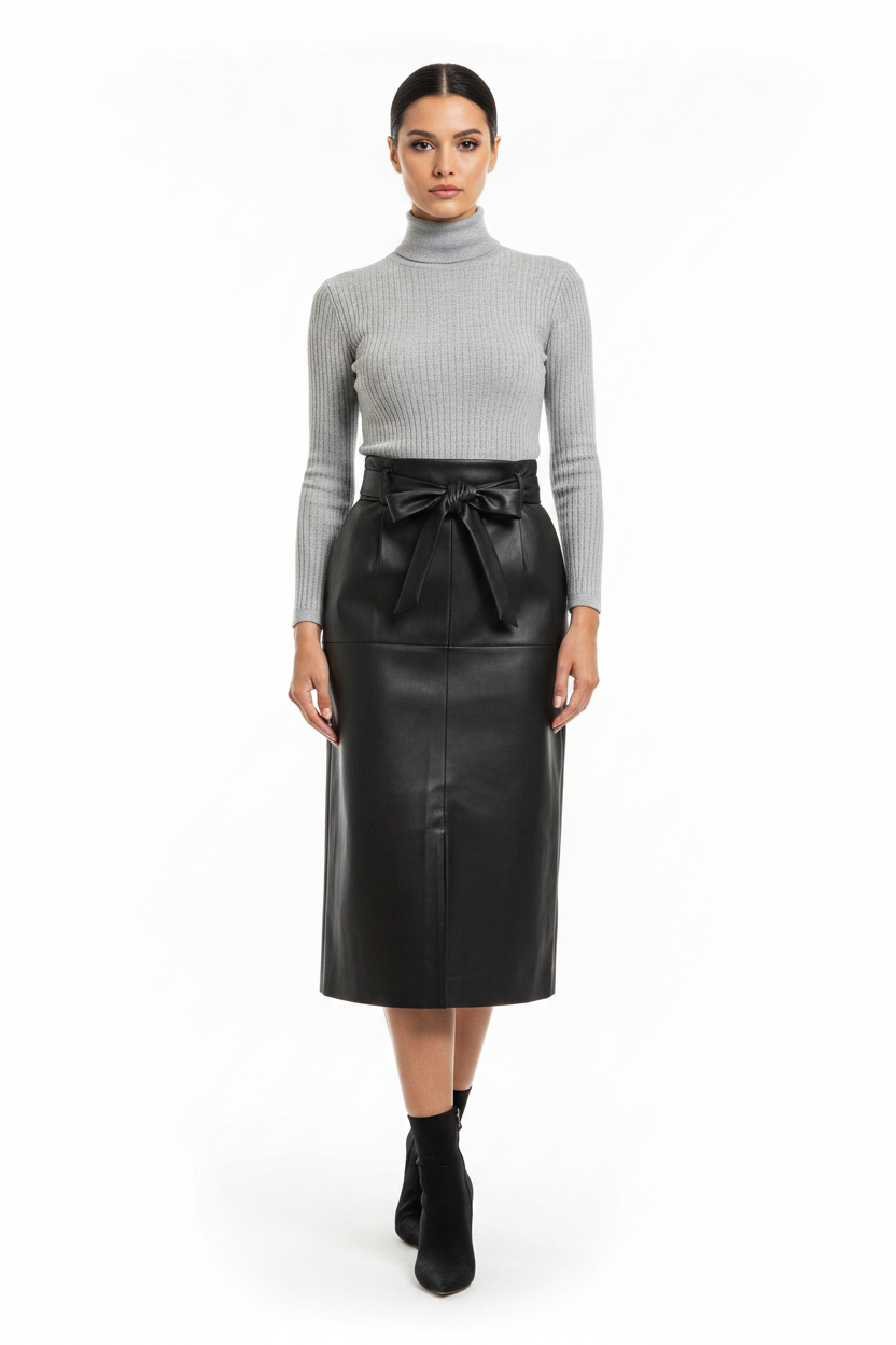 Knuefermann black pleather wrap skirt, size L 12/14
