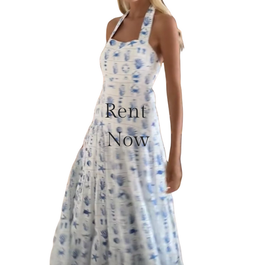 Palm Noosa blue & white floral linen dress, size 10-HIRE