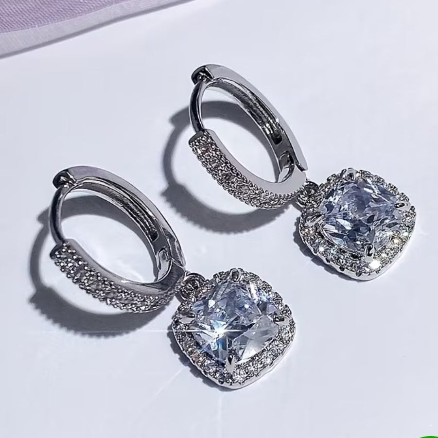 NEW white gold plated CZ square drop earrings