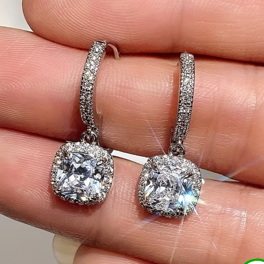 NEW white gold plated CZ square drop earrings