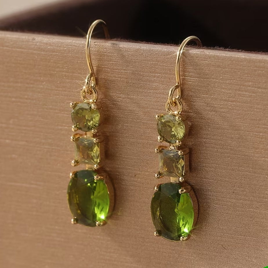 NEW green 3 drop to oval, gold plated earrings
