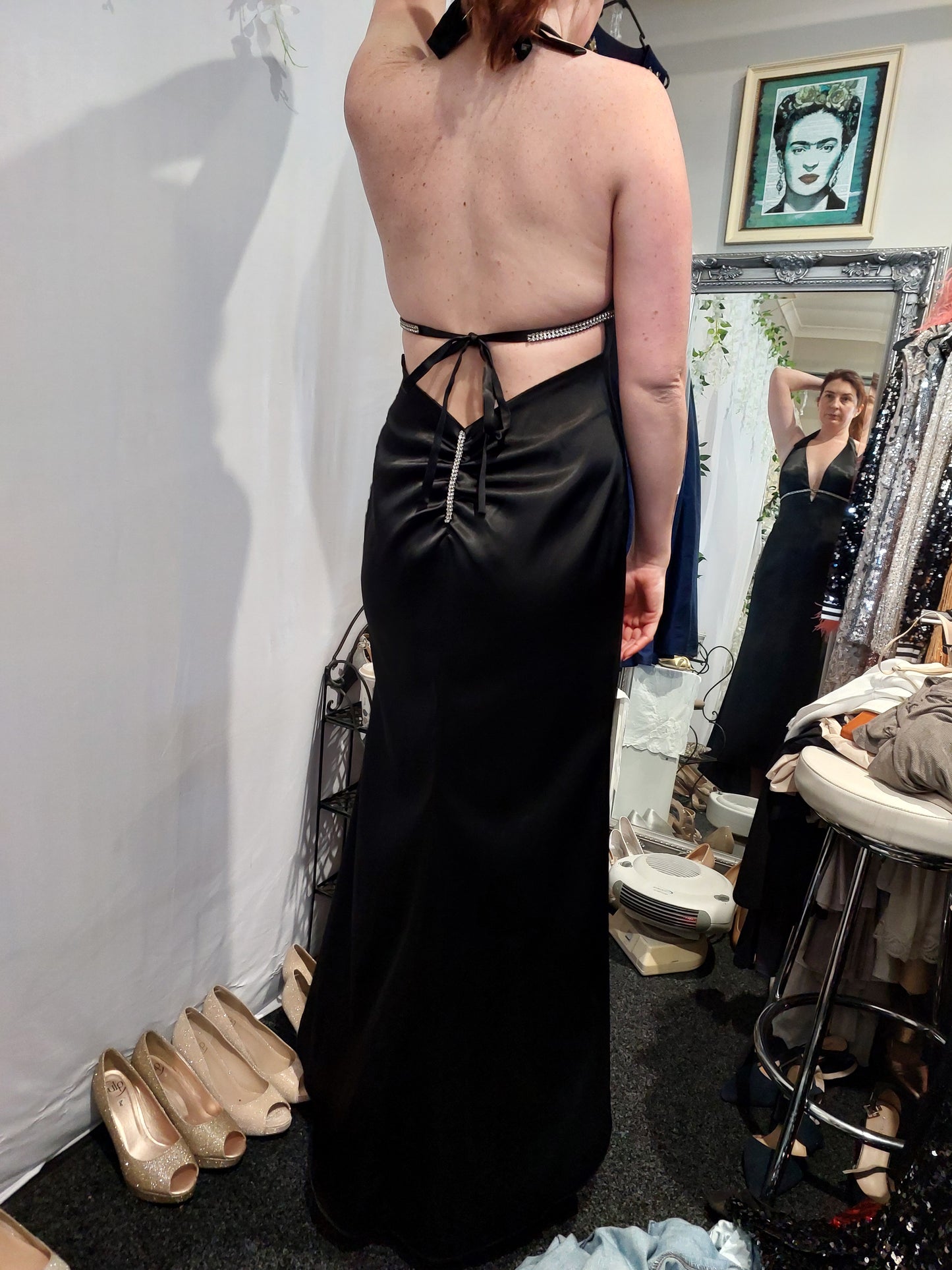 Black satin/ silver diamante formal / ball dress, size 12