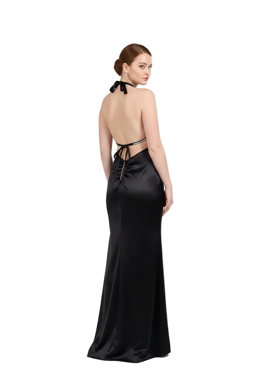CATHERINE black satin/ silver diamante formal / ball dress, size 10-12