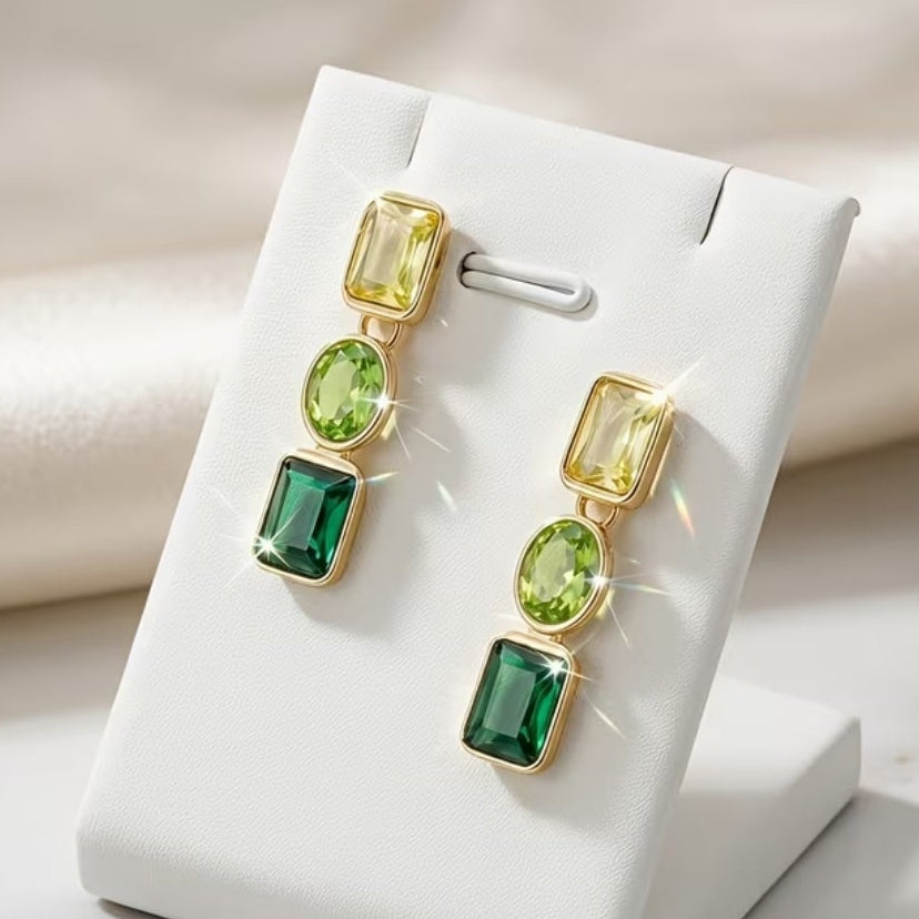 NEW green 3 drop rectangular, gold plated earrings
