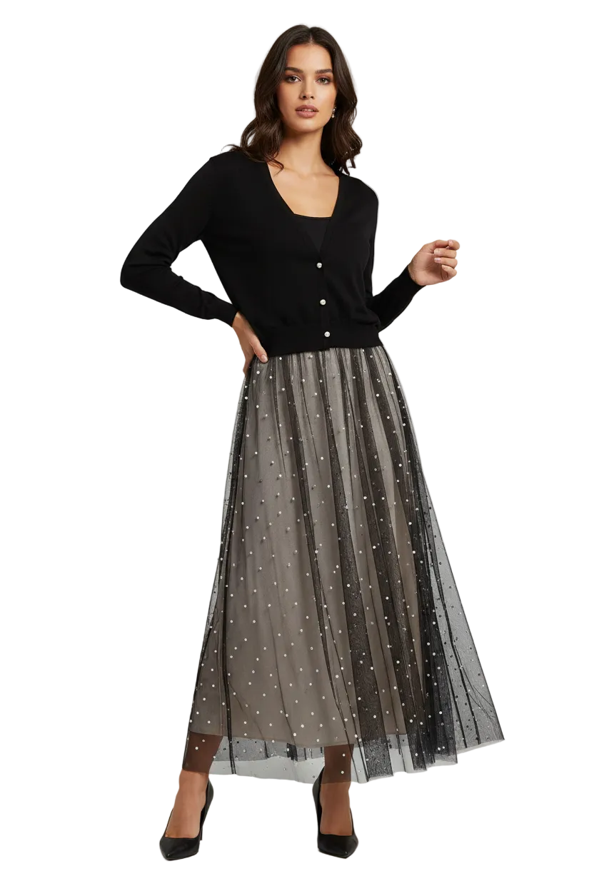 Saxx black cardigan chiffon peal beaded long layering coat, size 10