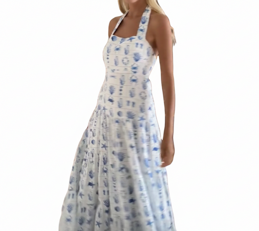 Palm Noosa blue & white floral linen dress, size 10-HIRE