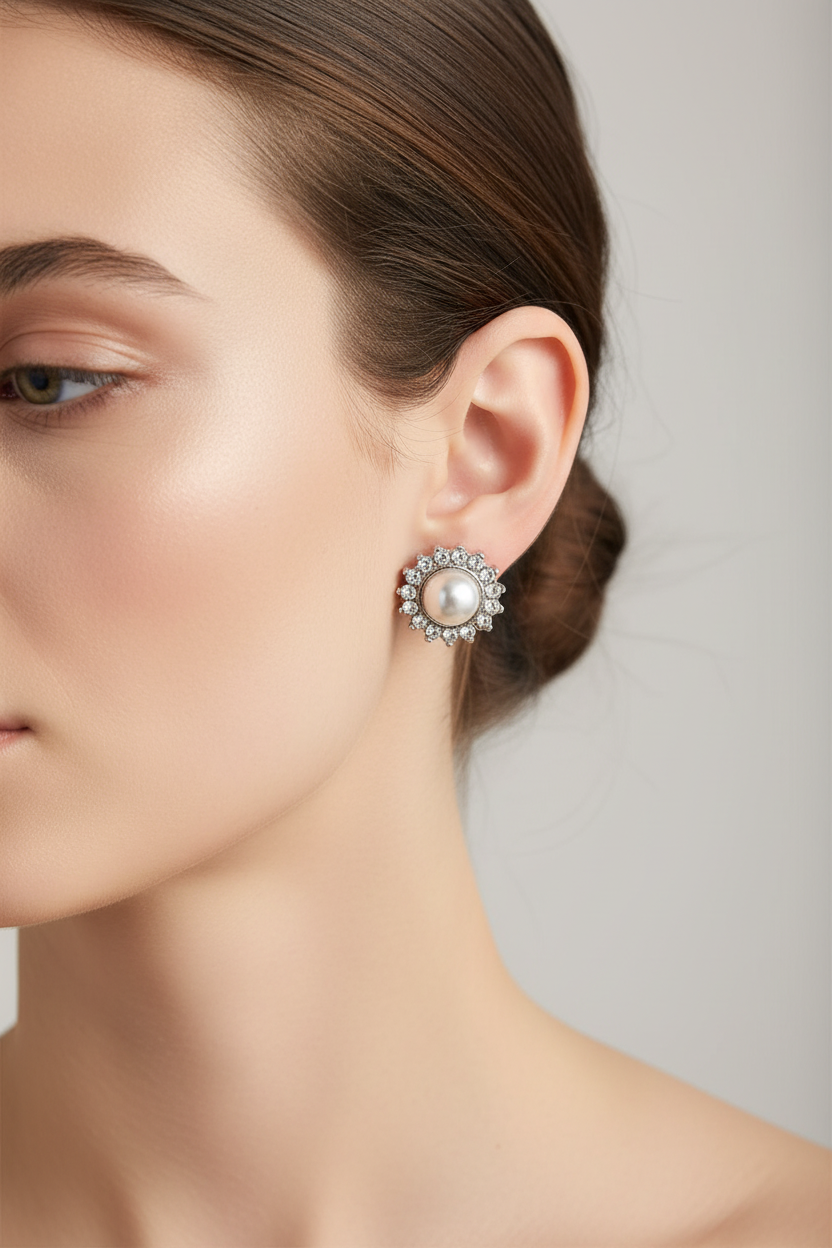 NEW white gold plated pearl CZ round clip on earrings