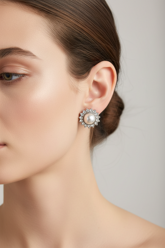 NEW white gold plated pearl CZ round clip on earrings