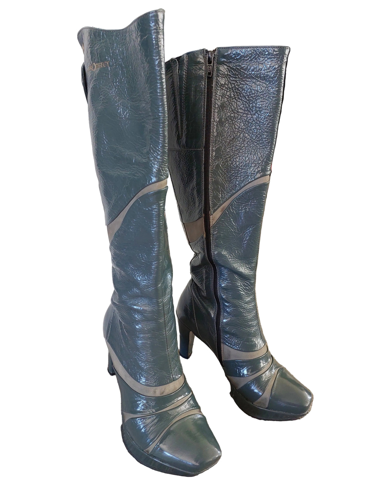 Prophecy teal patent leather knee high boots, size 36/5