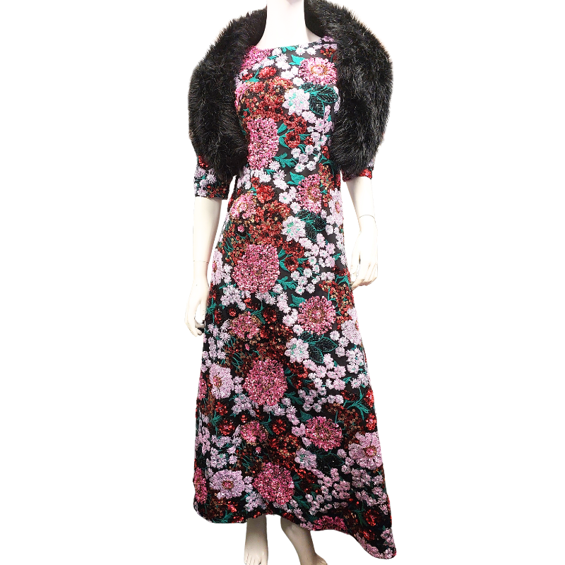 Fashion On The Field winner, Black pink green sequin formal/ball  dress, size 10