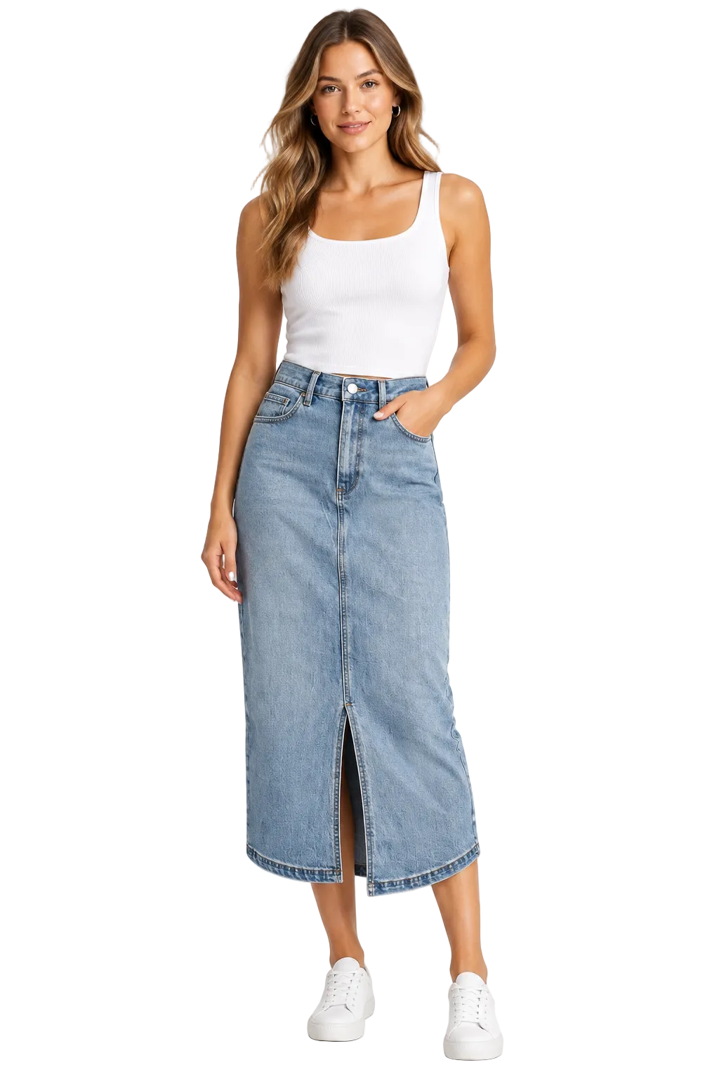 Siren blue denim midi skirt, size 10