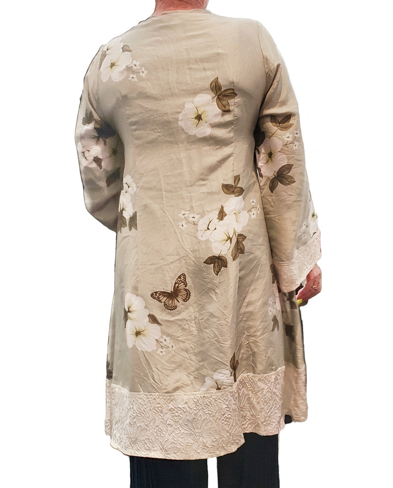 TCD pale green floral silk duster coat, size 10