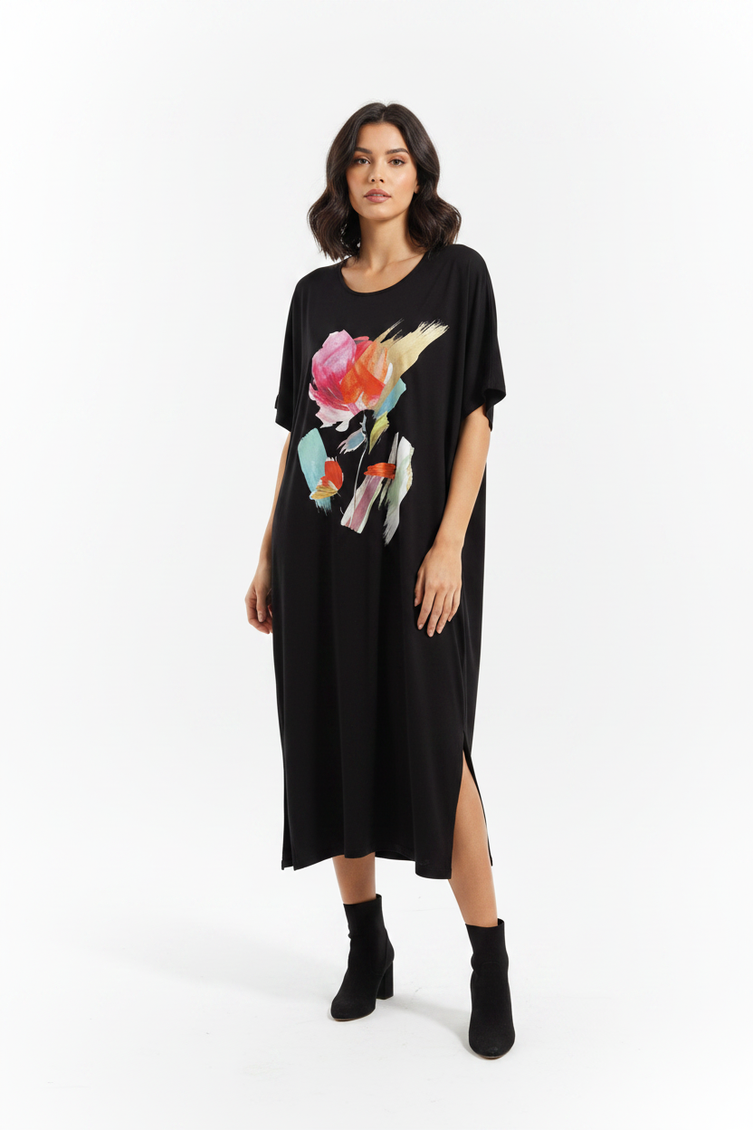 Bittermoon black t shirt floral  print dress size 8/10/12