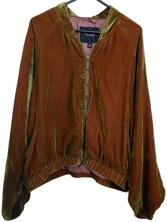 Verge earthy rust-olive velvet bomber, size L fits 12-14
