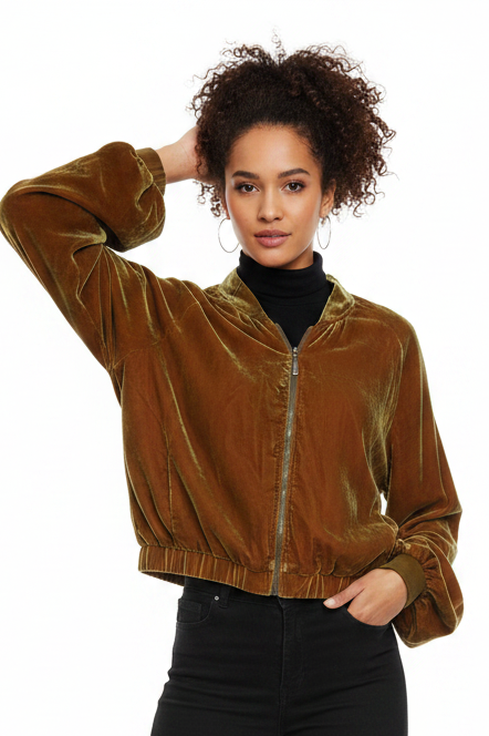 Verge earthy rust-olive velvet bomber, size L fits 12-14