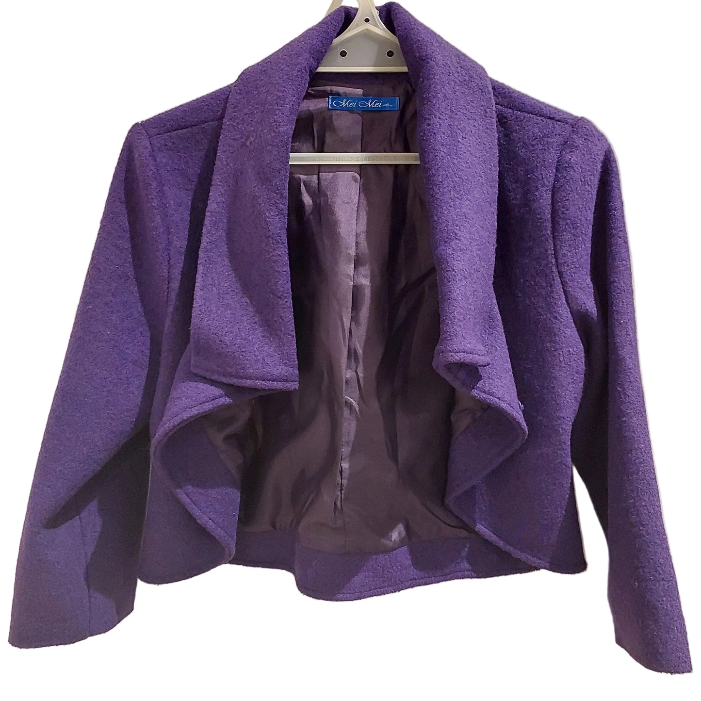 Mei Mei purple boiled wool cropped 3/4 sleeve jacket, size 8-10