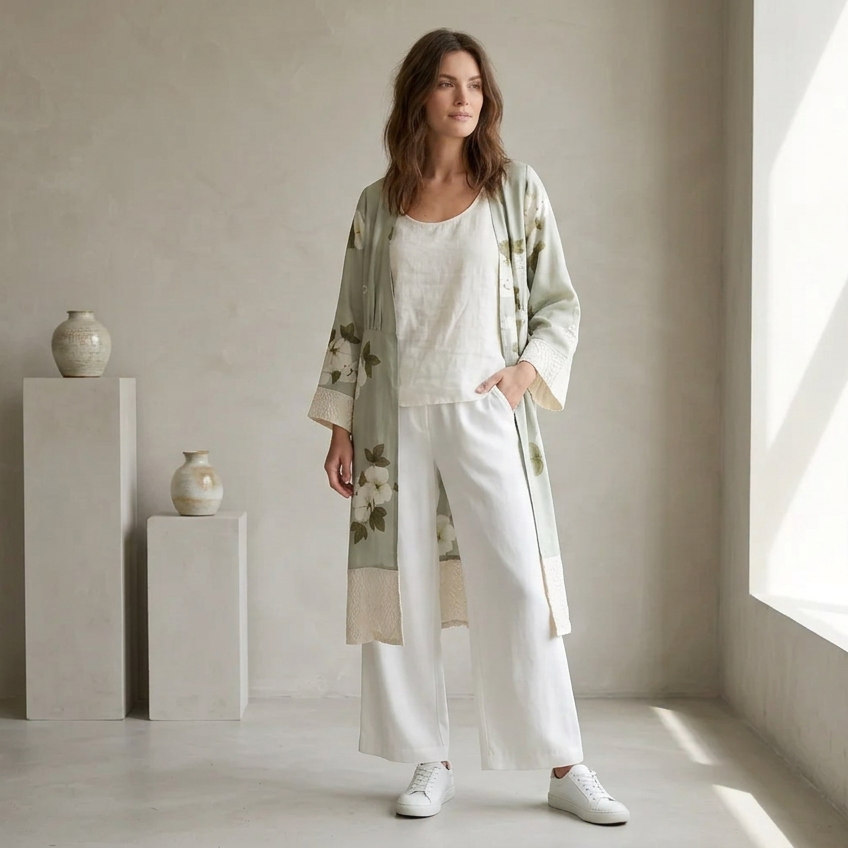 TCD pale green floral silk duster coat, size 10