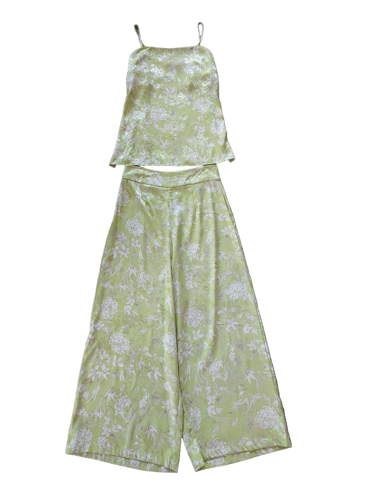 Lime green top & wide leg satin silky pants suit, size 10