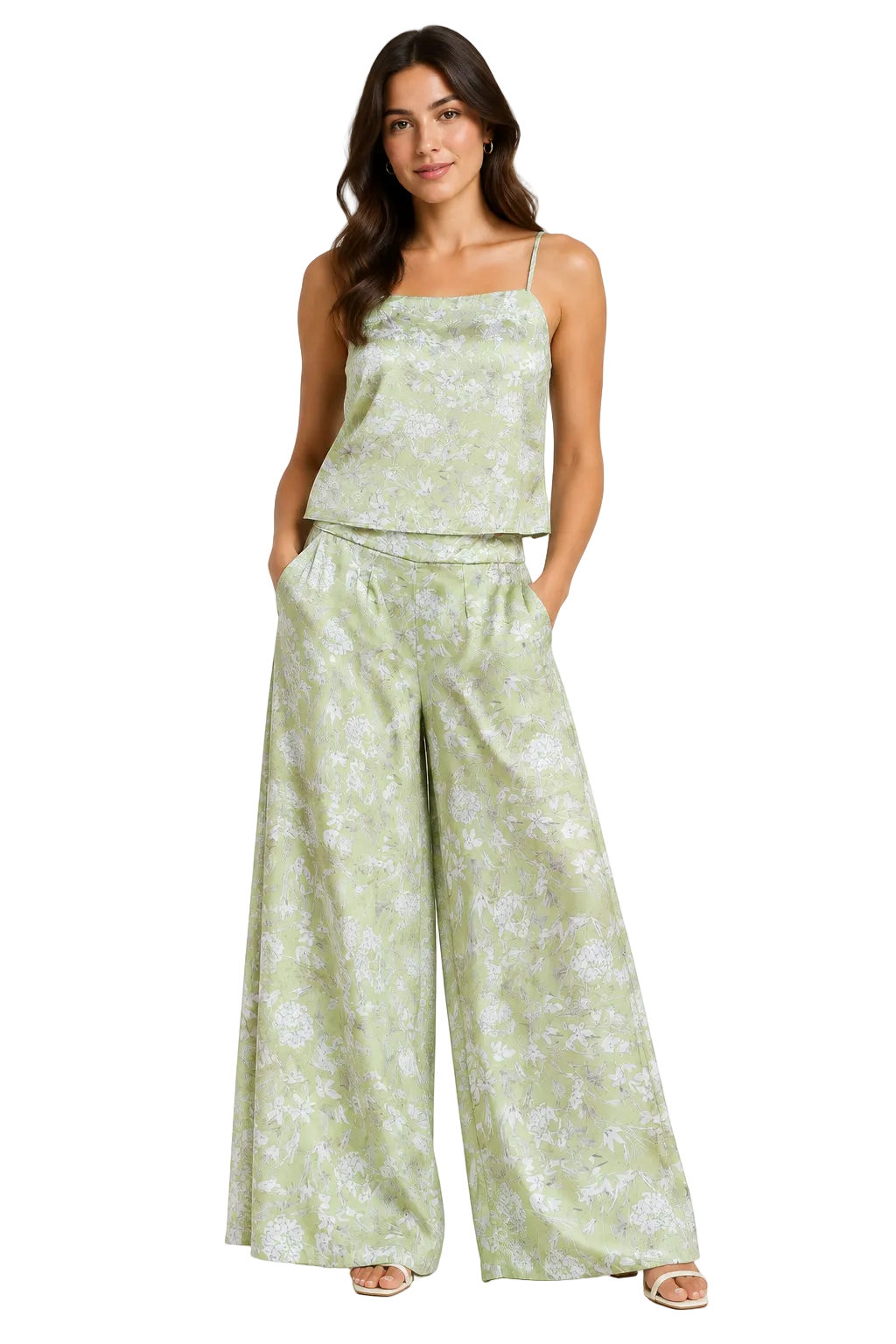 Lime green top & wide leg satin silky pants suit, size 10