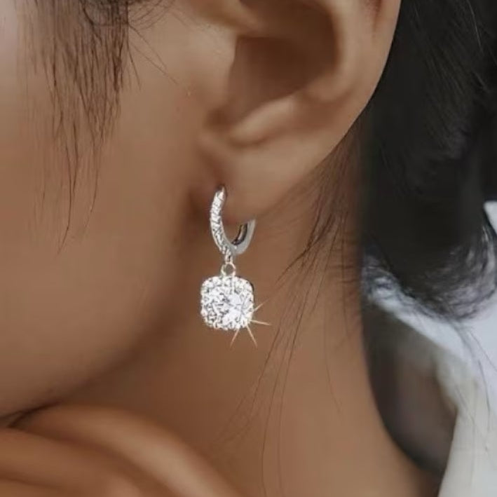 NEW Silver plated stainless steel CZ square drop earrings
