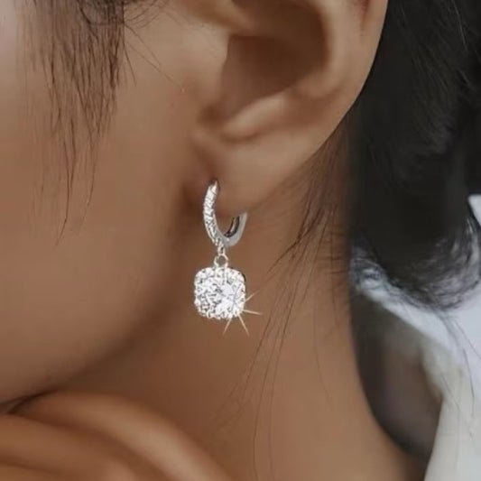 NEW Silver plated stainless steel CZ square drop earrings