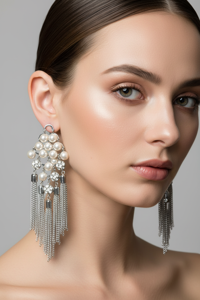 Statement vintage style cz & pearl silver plated chain earrings
