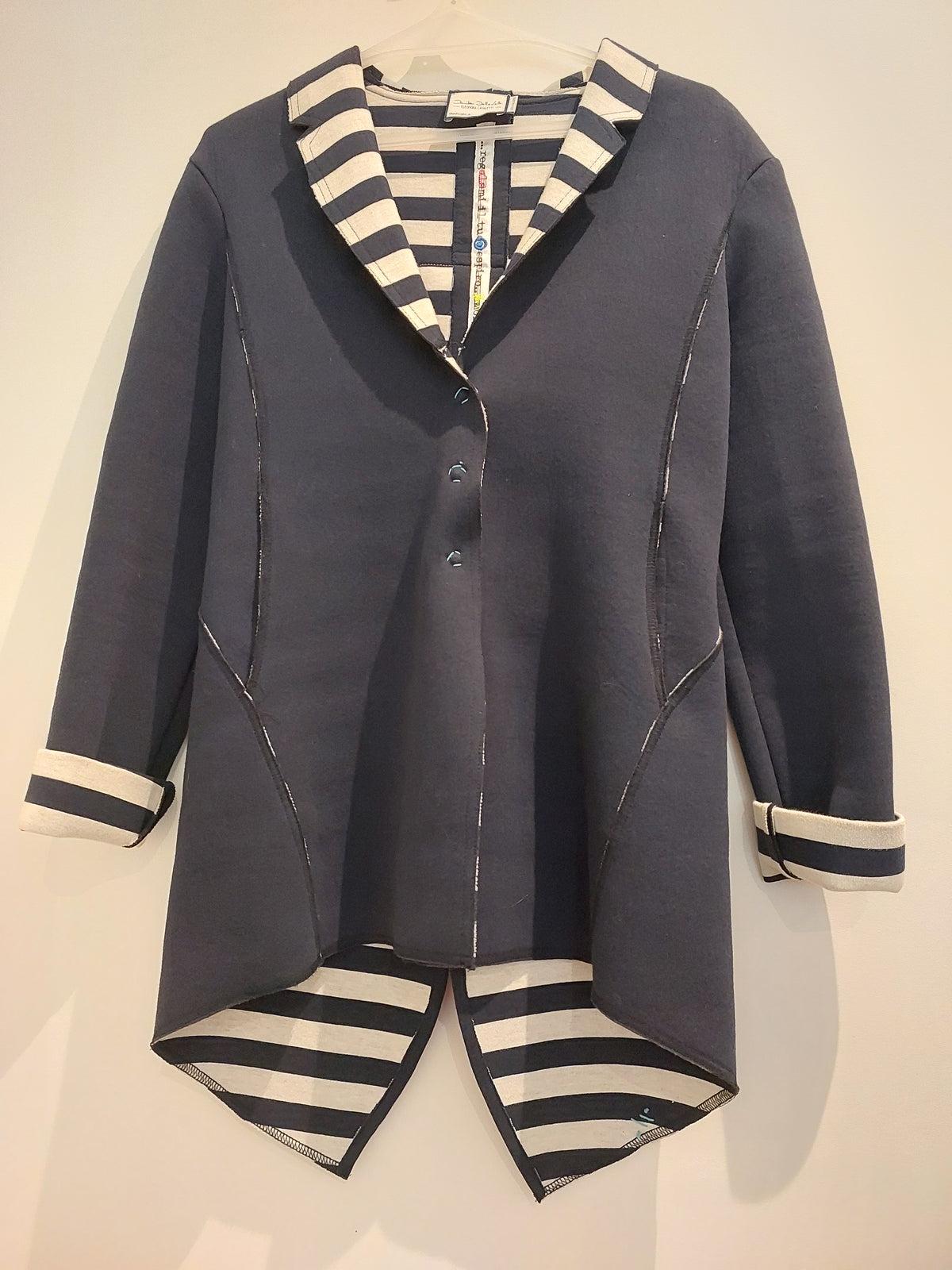 Eleanor Cavaletti Designer navy/ivory striped coat, size 8