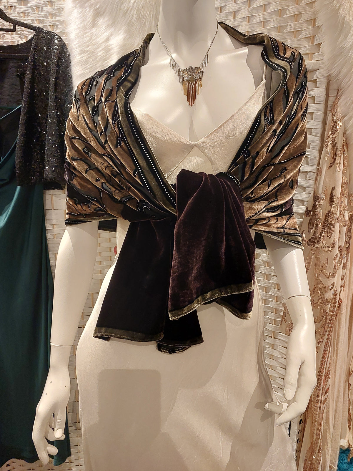Purple / beige velvet beaded shawl-HIRE