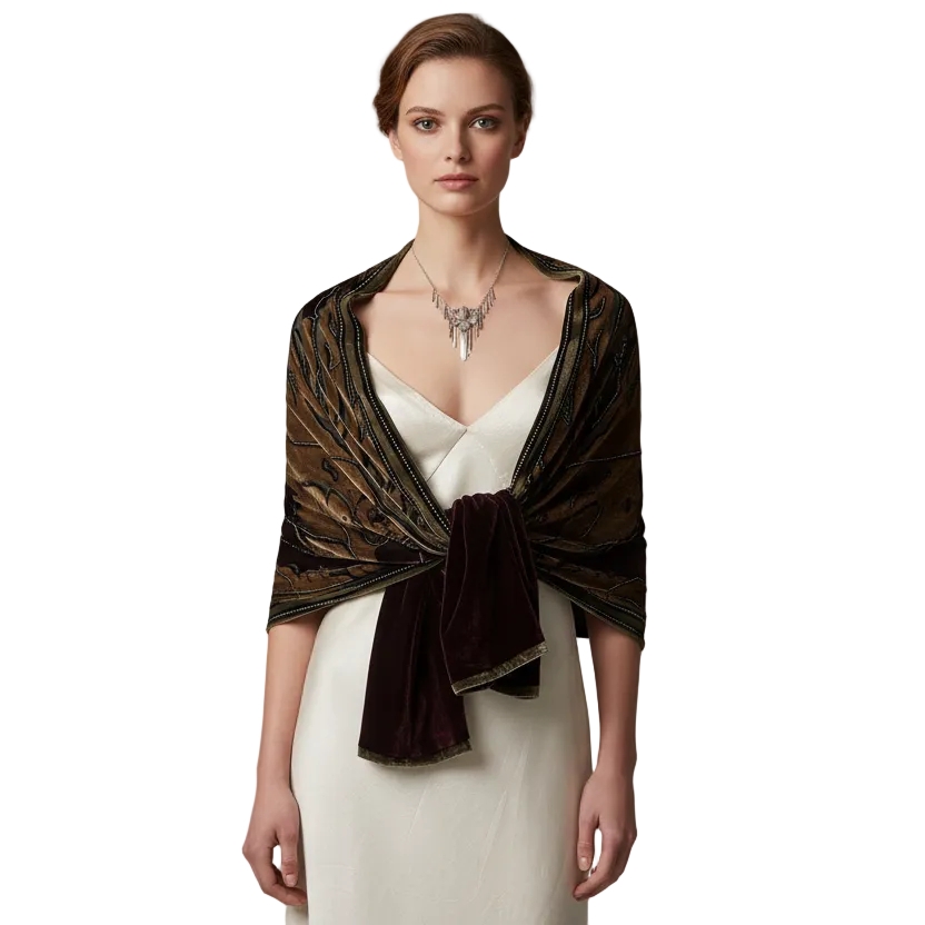 Purple / beige velvet beaded shawl-HIRE
