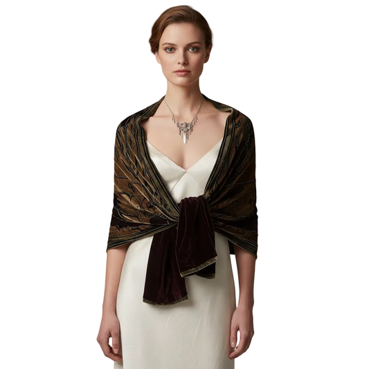 Purple / beige velvet beaded shawl-HIRE