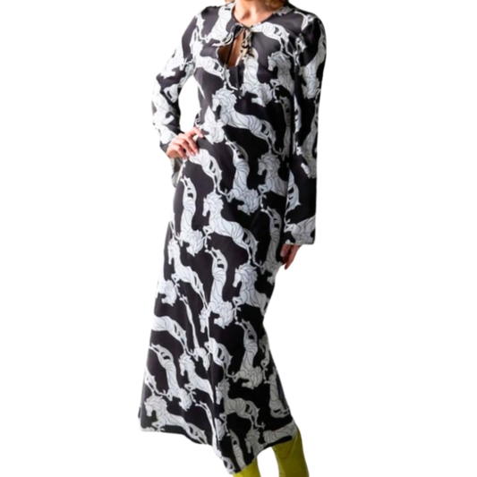 Fate & Becker brown bias Dress in Black Colt white horse print, size 10