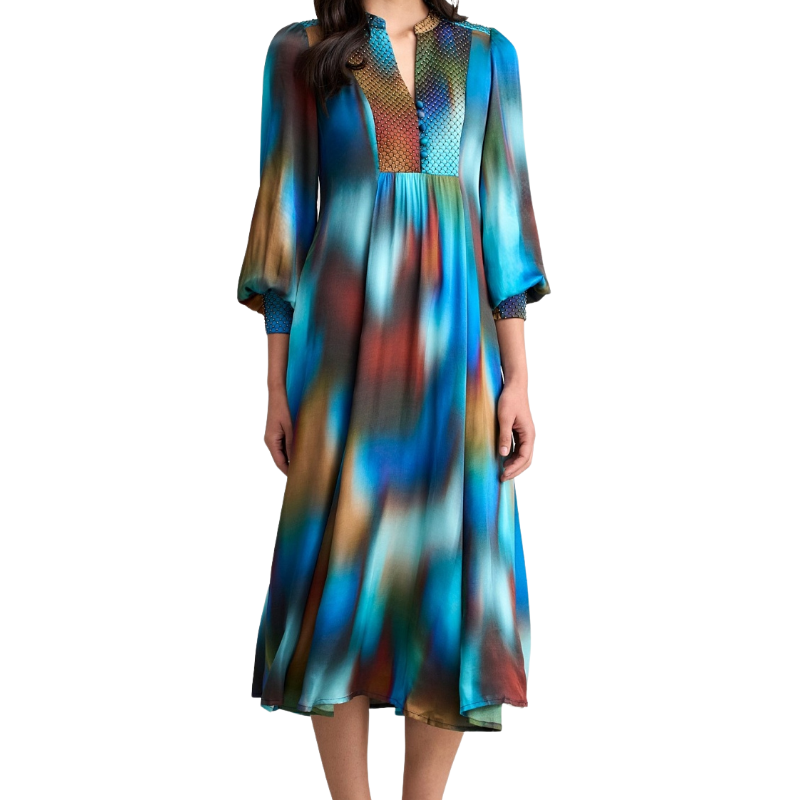 HIRE-Blue Illusion Autumn tones dress, size L