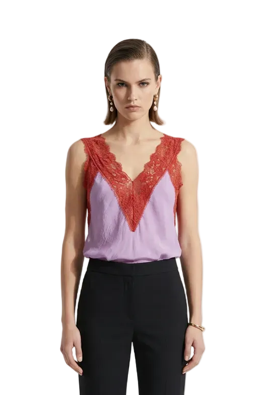 Kate Sylvester purple rust lace silky camisole top, size 10